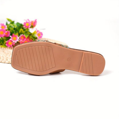 Women's Paisley Pattern Flat Slides with Square Open Toe, Casual Outdoor Beach Sandals.