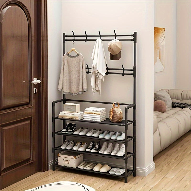 This versatile Metal Entryway Shoe Rack measures 80cm/31.49in wide and features 8 hooks for convenient storage of shoes, scarves, and hats. Perfect for entryways, living rooms, and bedrooms, this rack is easy to install and move around, requiring no wood