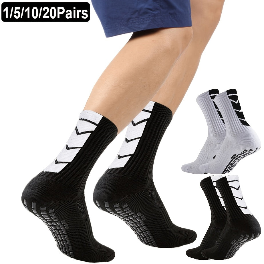 10 Pairs Unisex Athletic Sports Socks with Geometric Pattern, Non-Slip Grip, Knit Polyester Fabric - Machine Washable for Soccer, Basketball, Skateboarding, Rugby - 98% Polyester, 2%