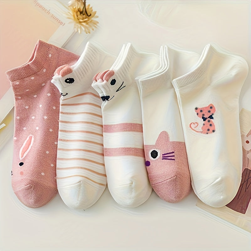 5 pairs of women's ankle socks with cartoon cat print, made of breathable polyester and spandex blend, knit fabric, hand washable - cute hosiery set.