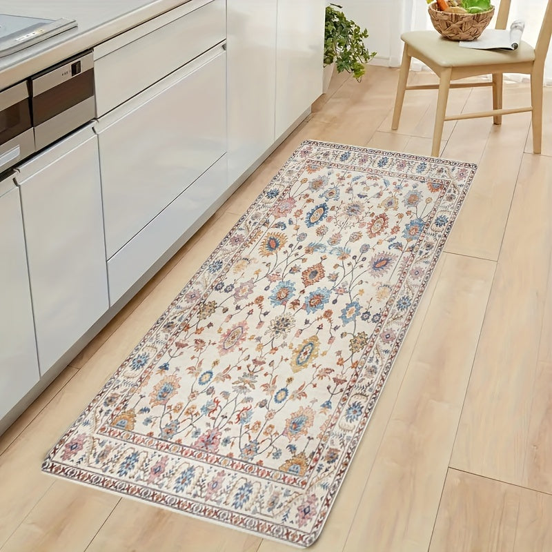 Beige & White Chic Floral Area Rug - Anti-Fatigue, Non-Slip, Water-Absorbent - Ideal for Entryway, Living Room, Kitchen - Soft Plush Polyester with PVC Backing - Kitchen Rugs