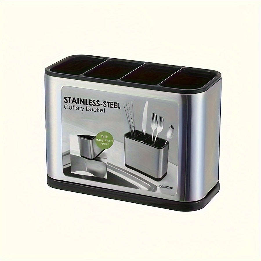 Stainless Steel Cutlery Bucket with Chopstick Barrel, Spoon Compartment, and Knife and Fork Storage on Filterable Kitchen Shelf