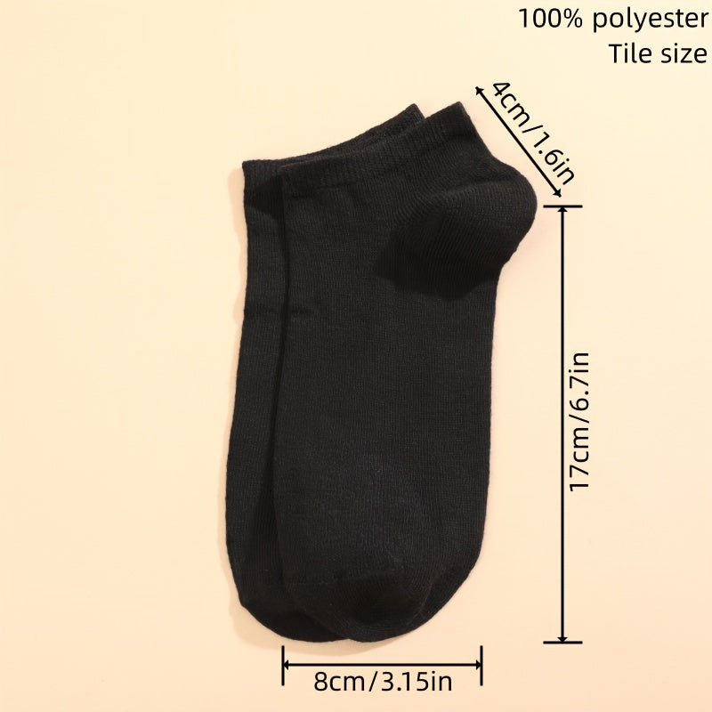 10/20 pairs of black, white, and grey ankle socks made of 100% polyester knit fabric. Solid colors, hand wash only. Breathable and sweat absorbent summer thin boat socks. Cute design.