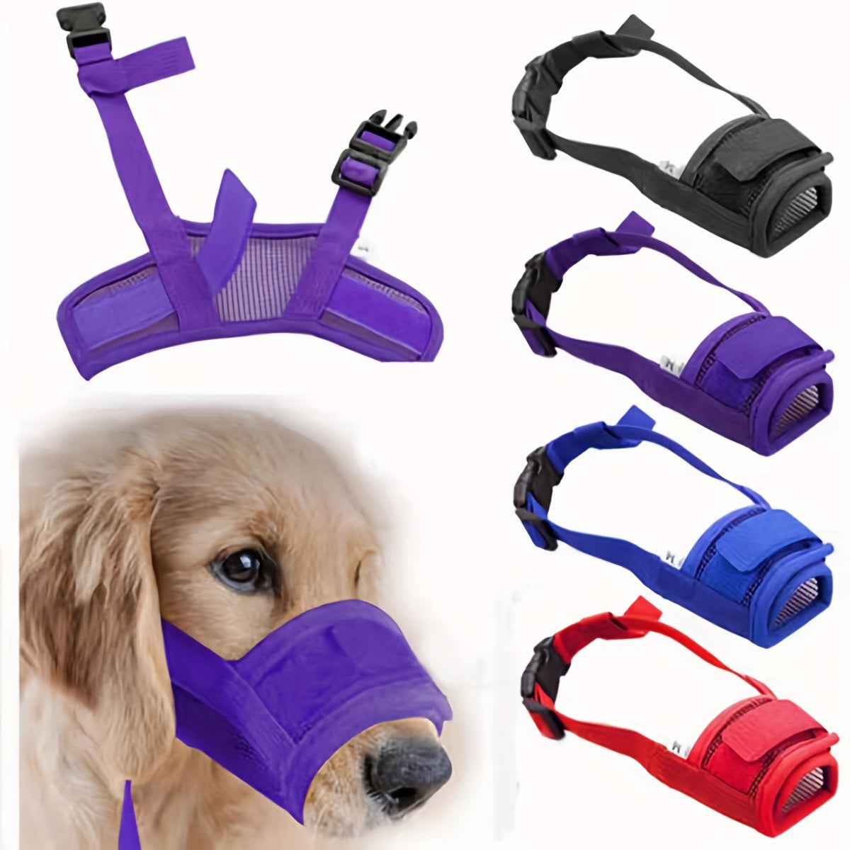 Breathable dog muzzle with adjustable straps to prevent biting and barking