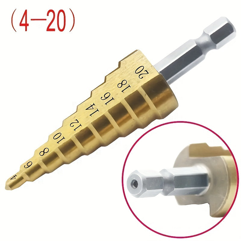 Titanium step drill bit for wood and metal cutting, ranging from 4 to 32mm, featuring high-speed steel and hex head design.