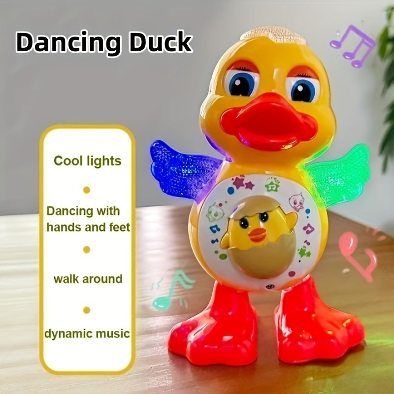 Electric Dancing Duck Toy features blinking lights, music, and adorable cartoon design – a fun interactive toy for kids, powered by batteries (not included). Makes a great gift for Christmas, Halloween, and any holiday season. Perfect for young children.