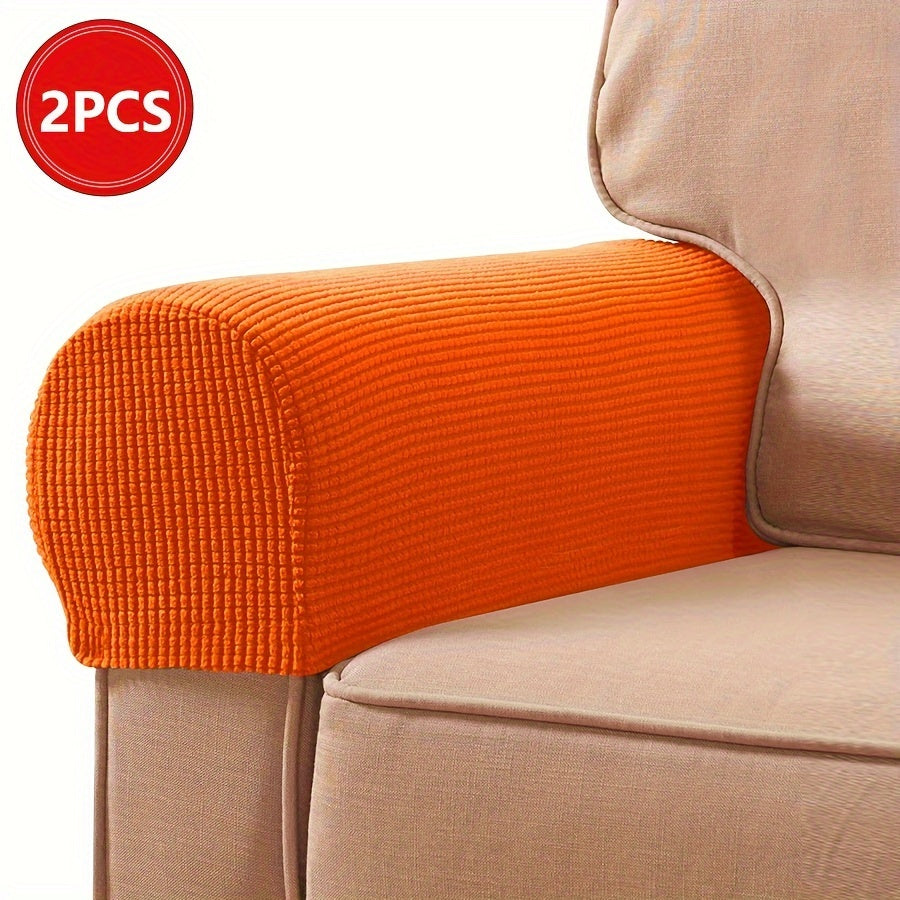 2 Stretch Armrest Covers made of durable spandex blend with plush texture. Scratch & dust resistant, and machine washable. Fits single to four-seater sofas & recliners in various colors.