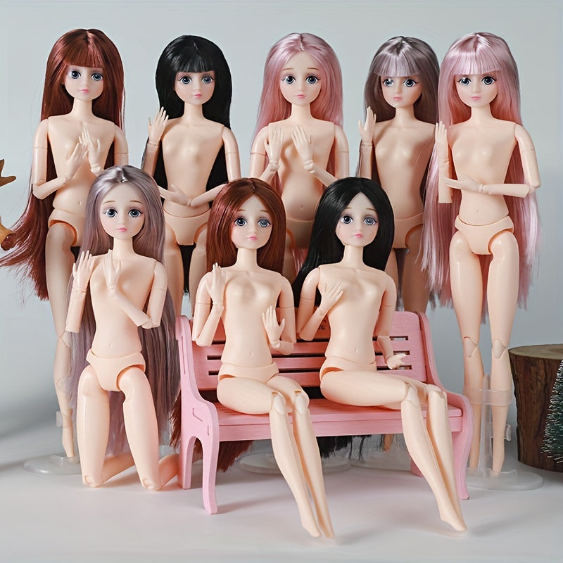 30cm doll with 20 joints, plain body, 2D painted real eyes, straight hair with bangs. DIY material for toy accessories.