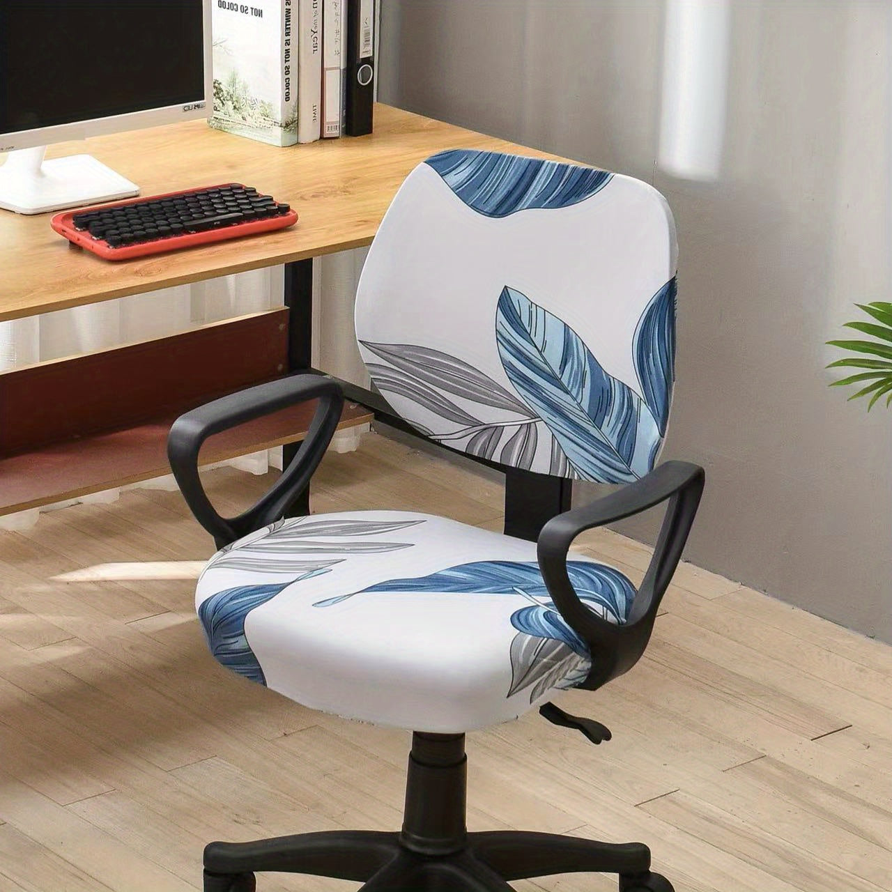 Elastic slipcover for computer dining chair, spandex material, washable and suitable for office or home decor.