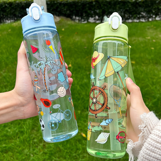 1 Cute Cartoon Print Water Bottle with Leak-Proof Flip Top, Hand Wash Only. Ideal for Outdoor Activities.