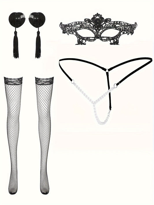 Women's sexy lingerie set includes a pearl thong, breast patches, stockings, and lace eye mask.