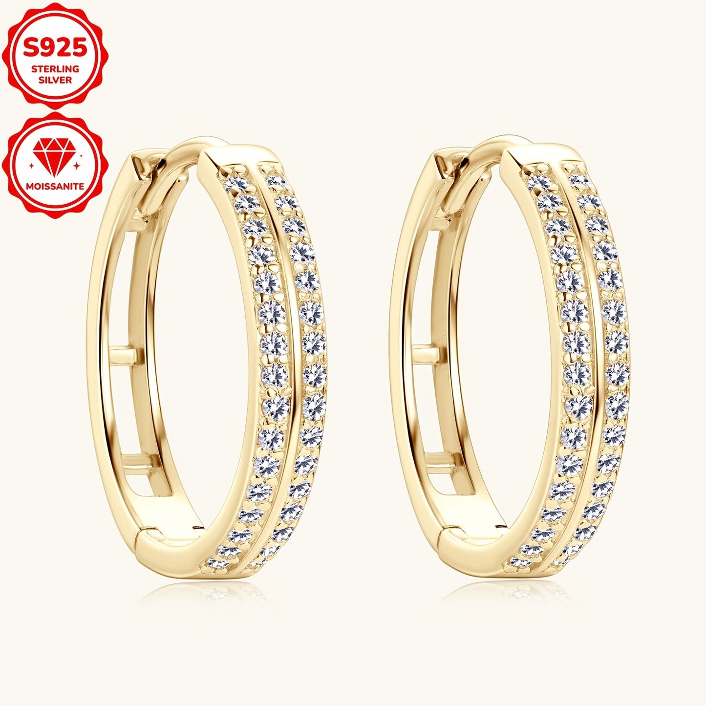 Pair of Moissanite Earrings crafted in 925 Sterling Silver with a silvery Gram Weight of 2.72g. Features 64pcs of Moissanite stones measuring 1mm each, totaling 0.16ct per earring. These Women's Fashion Hoop Earrings have an inner diameter of 15mm.