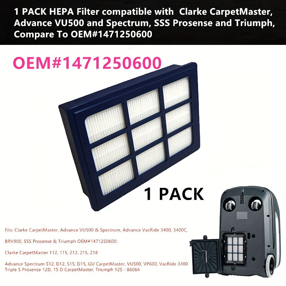 One HEPA Filter suitable for use with Clarke CarpetMaster, Nilfisk Advance VU500 and Spectrum, SSS Prosense and Triumph, Equivalent to OEM#1471250600.