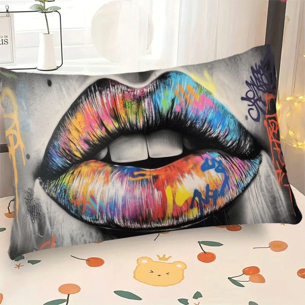 Abstract Graffiti Lips Pillow Cover, 1 piece, measures 50.8X30.48 cm. This Casual Style Polyester Decorative Throw Pillowcase features a convenient Zipper Closure and is Machine Washable, making it suitable for all seasons. Designed for Back Sleepers