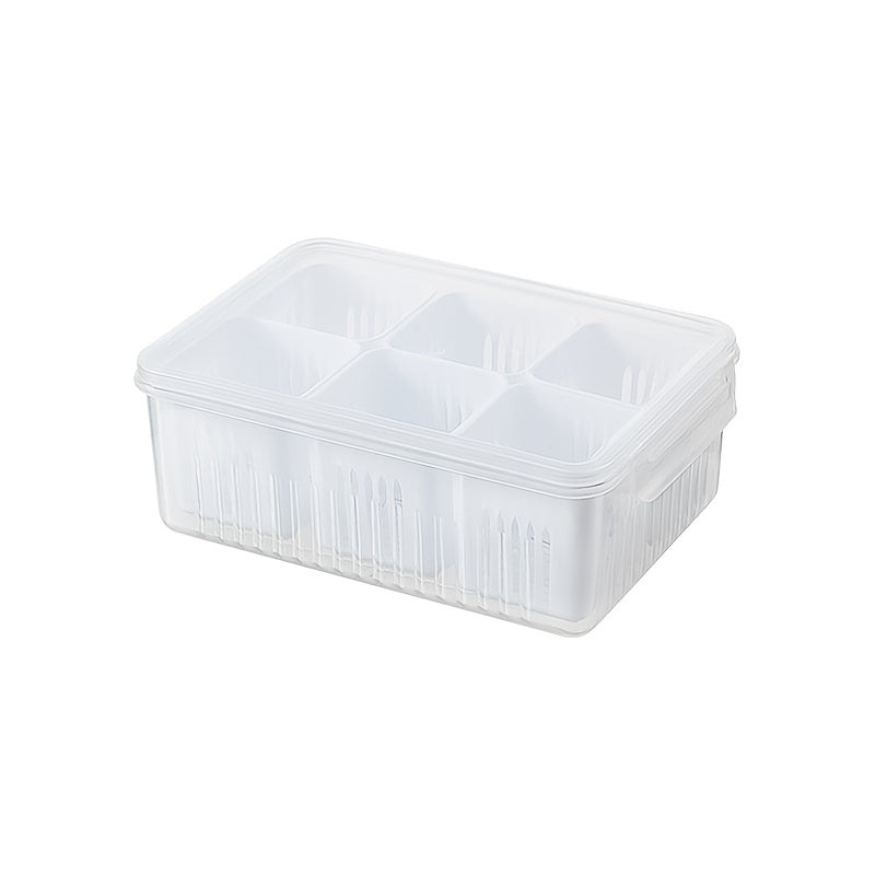 Kitchen Scallion Storage Box with 6 compartments for scallions, ginger, garlic, and other fresh ingredients. The box is designed to keep your fruits and vegetables fresh in the refrigerator, with a built-in drain feature for easy cleaning.