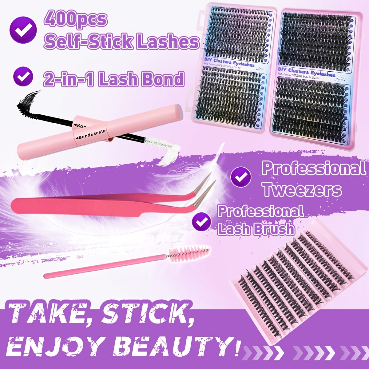 DIY Eyelash Extension Kit with Individual Lashes, Cluster, 9-16mm Mix, for Beginners. Includes Lash Bond, Tweezers. Perfect Gift for New Year.