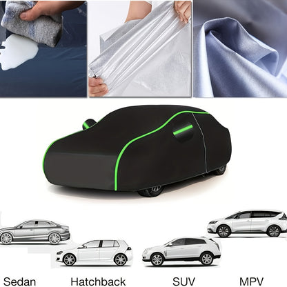 Outdoor car cover for SUV made of thickened 190T polyester fabric for full protection from sun, dust, rain, snow, scratches, and UV rays.