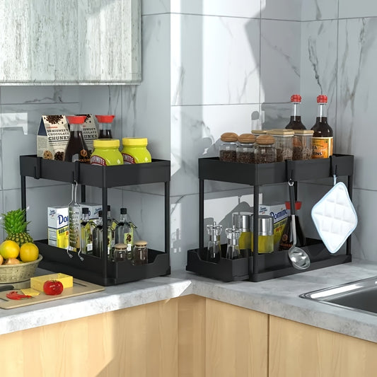 Plastic kitchen organizer rack with tiered shelf and pull-out storage for easy cleaning. Great for kitchen or bathroom.