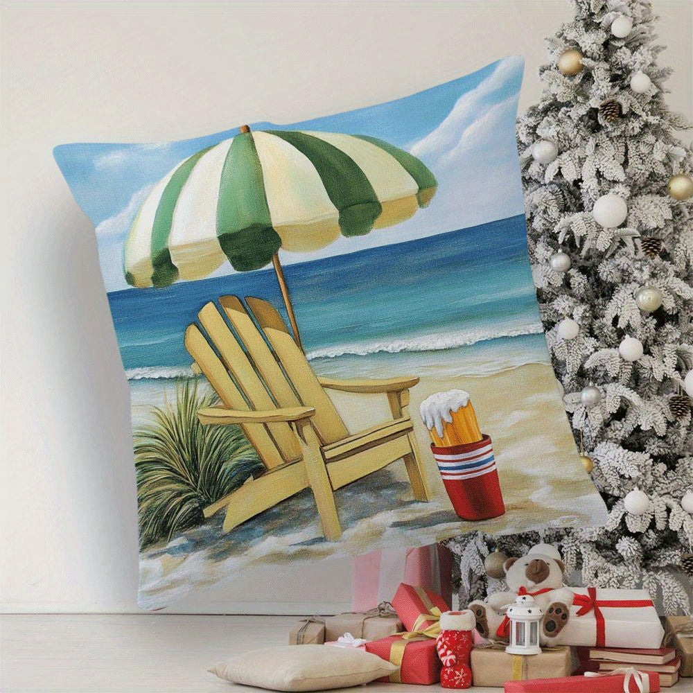 Flannel Beach Chair and Umbrella Pillowcase, Modern Summer Holiday Theme, 45.72x45.72cm in Size, Zippered Square Cushion Cover for Sofa, Bedroom, Living Room, Car - Machine Washable, All-Season Comfort, Perfect for Back Sleepers.