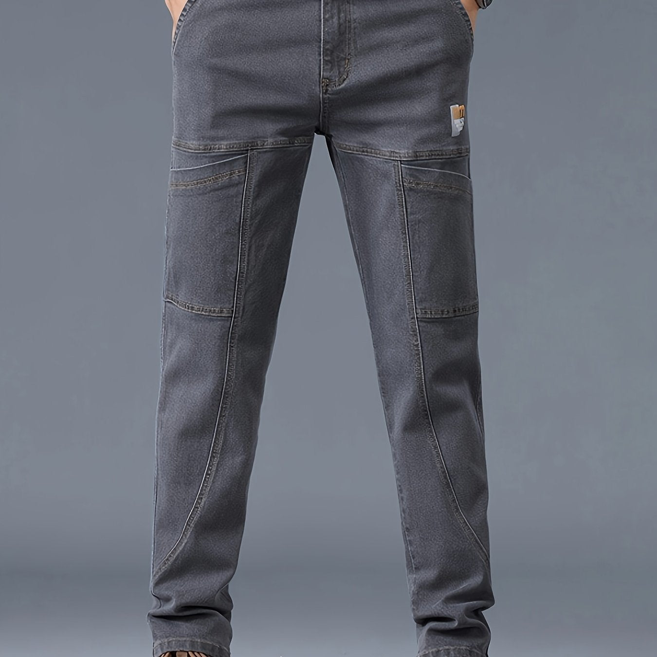 Men's fashion denim jeans made of 70% cotton, 28% polyester, and 1.3% elastane. Features a regular fit, mid waist, zipper fly, and all-season wear. Constructed with 300g/m² woven fabric