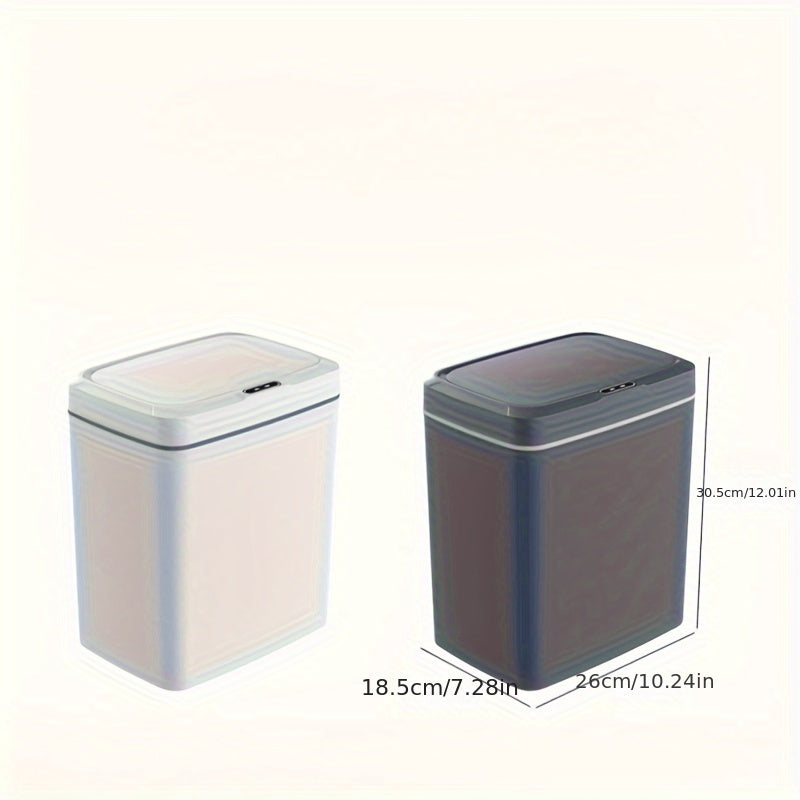 White smart trash can with automatic opening, infrared sensing, and button control for home and office use.