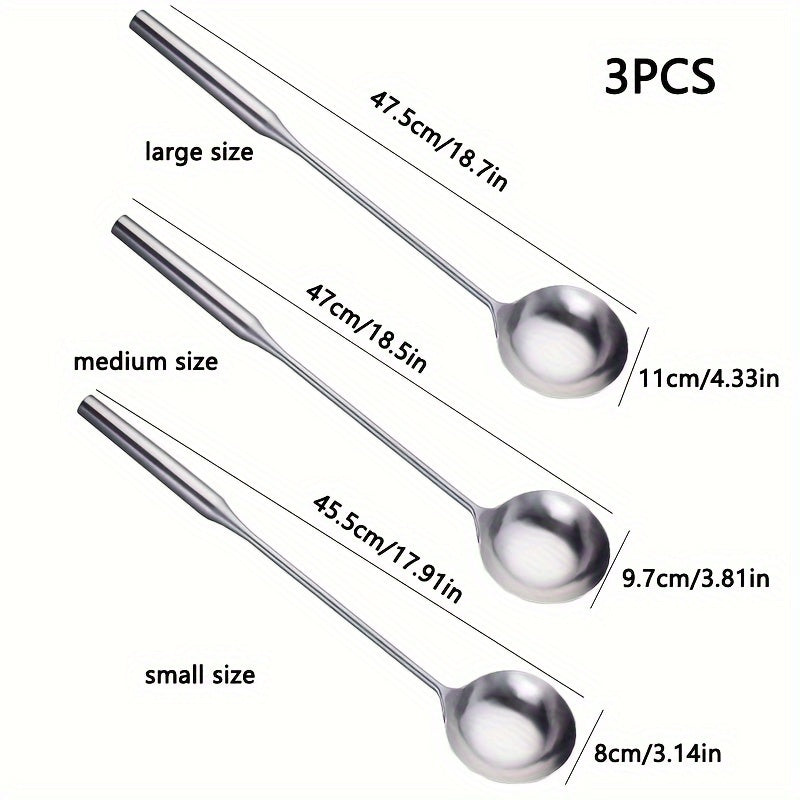 Set of 3 Stainless Steel Cooking Spoons with Long Handles - Ideal for Stirring, Serving Soup, and Cooking - Sturdy and Dishwasher Friendly