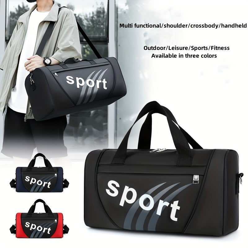 Unisex black nylon tote bag with adjustable shoulder strap and letter print for gym, yoga, sports, and leisure.