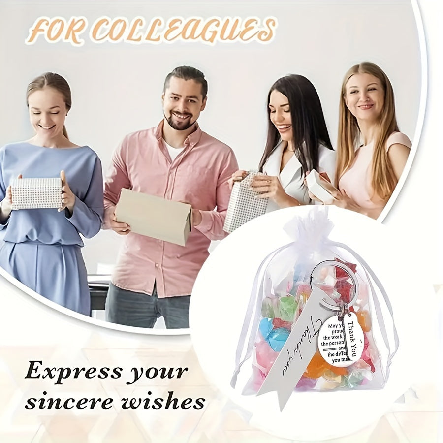 This Employee Appreciation Keychain Gift Set includes 36 pieces, divided into 12 sets. Each set comes with Thank You Cards and Organza Bags, making it the perfect gift for coworkers, nurses, teachers, or as a graduation or office appreciation gift.