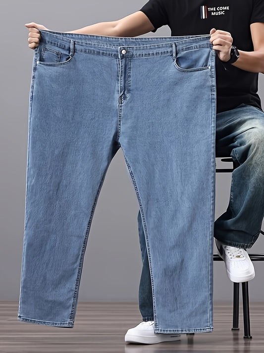 Men's high-waisted denim jeans with stretch fit in a solid color. Features regular fit, straight leg, and made of 45% cotton, 33% polyester, 1.5% spandex, 20.5% rayon. Lightweight at