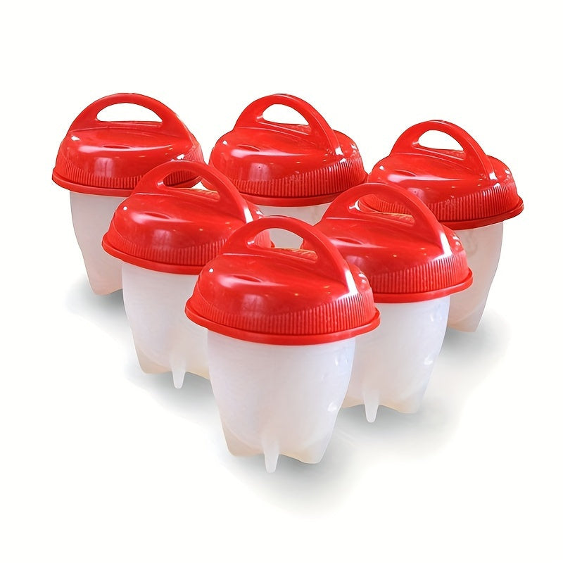 Set of 6 Red Silicone Egg Poachers - Non-Stick, Heat-Resistant, Shellless Hard Boiled Egg Cooking Cups with Lids, Ideal for Fast Breakfast Preparation, Poaching