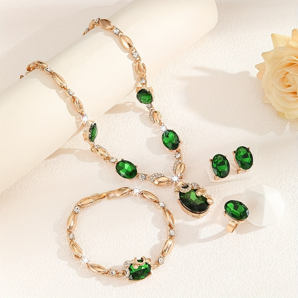 Sparkling 5-piece Jewelry Set featuring Synthetic Emerald & Glass Accents - Ideal for Everyday Wear & Special Occasions. Great for St. Patrick's Day or as a Gift. Beautifully Crafted in 14K Gold Plating - suitable for any season.