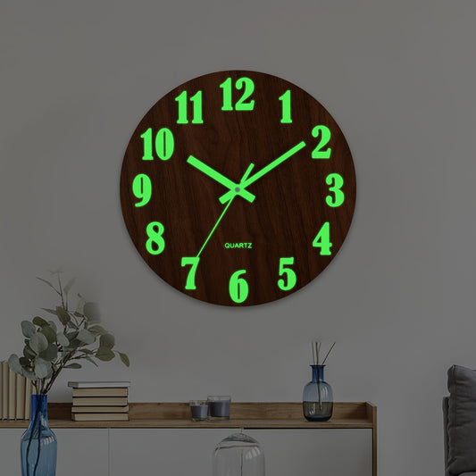 Rustic Tuscan wooden wall clock with glow-in-the-dark feature, 30.48cm in size. Non-ticking, Japanese quartz movement, ideal for living room and bedroom decor. Battery operated (AA not included).