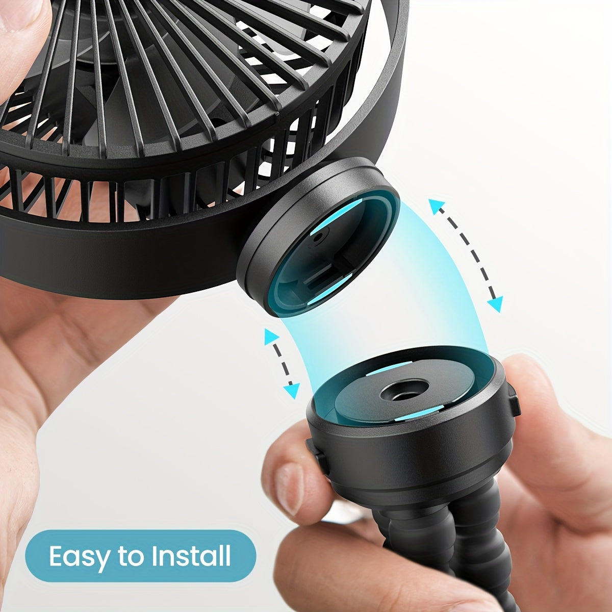 Small clip-on fan, rechargeable portable stroller fan with 3 speed settings, detachable and flexible, 360° rotation for handheld or desk use. Operates on battery power.