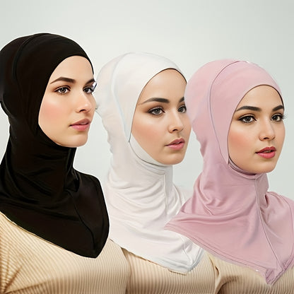 3 Elastic Modal Instant Hijab Caps for Women - Soft, Stretchy, Solid Color Head Wraps with Snap Closure - Ideal for Ramadan & Casual Attire - Breathable Polyester, No Feathers