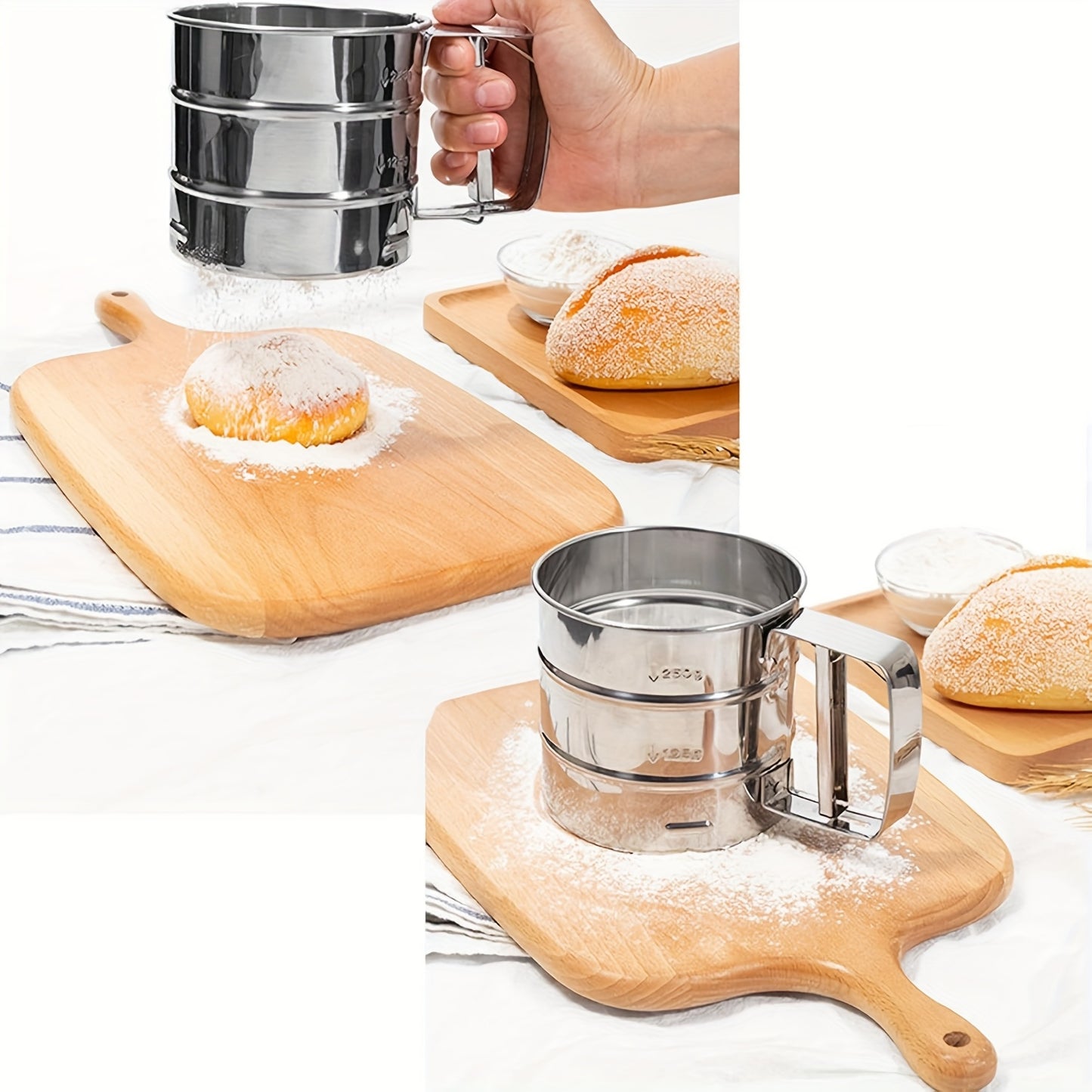 304 stainless steel flour sifter with double layer fine mesh for cooking and baking at home.