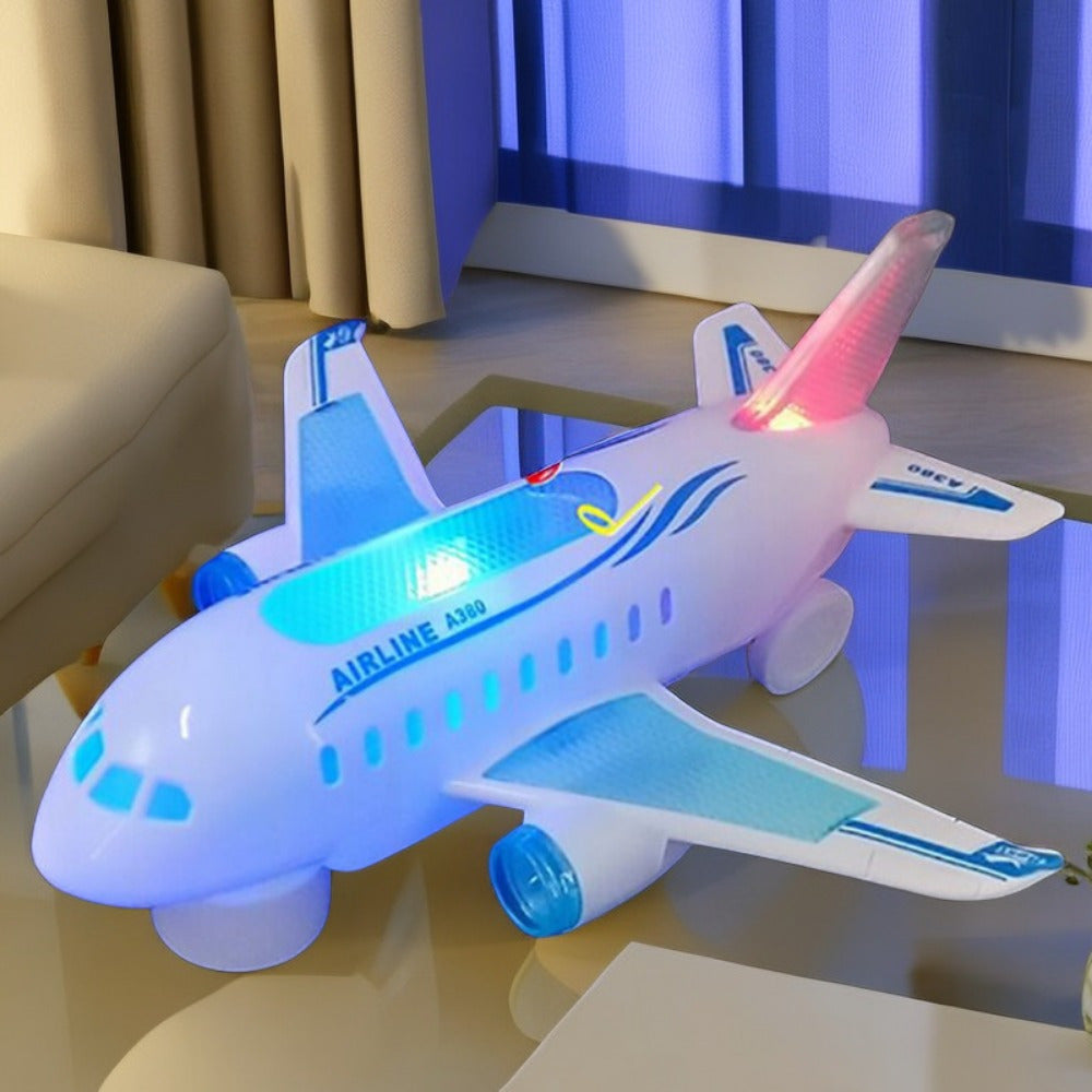 Safe plastic interactive electric airplane toy with LED lights and sounds, battery operated for educational play for children ages 3 and up. This white toy is the perfect gift for preschoolers.