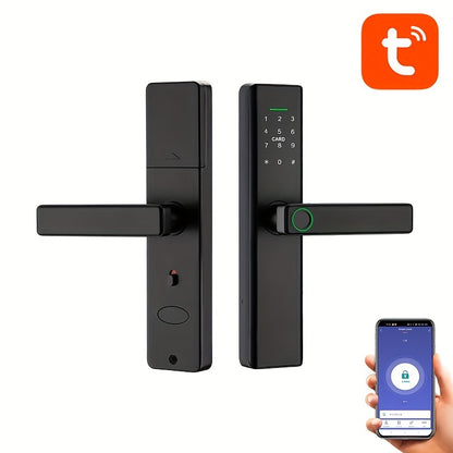 Wifi Electronic Lock with multiple access options (Password, Card, Fingerprint, Key) and TT App/Tuya App support.