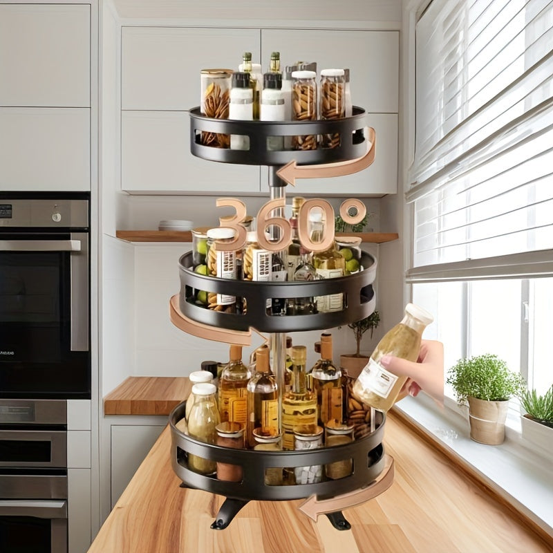 Rotating Metal Spice Rack with Adjustable 3 Tiers, Perfect for Organizing Seasoning Bottles, Cans, and Snacks on Countertop Shelf