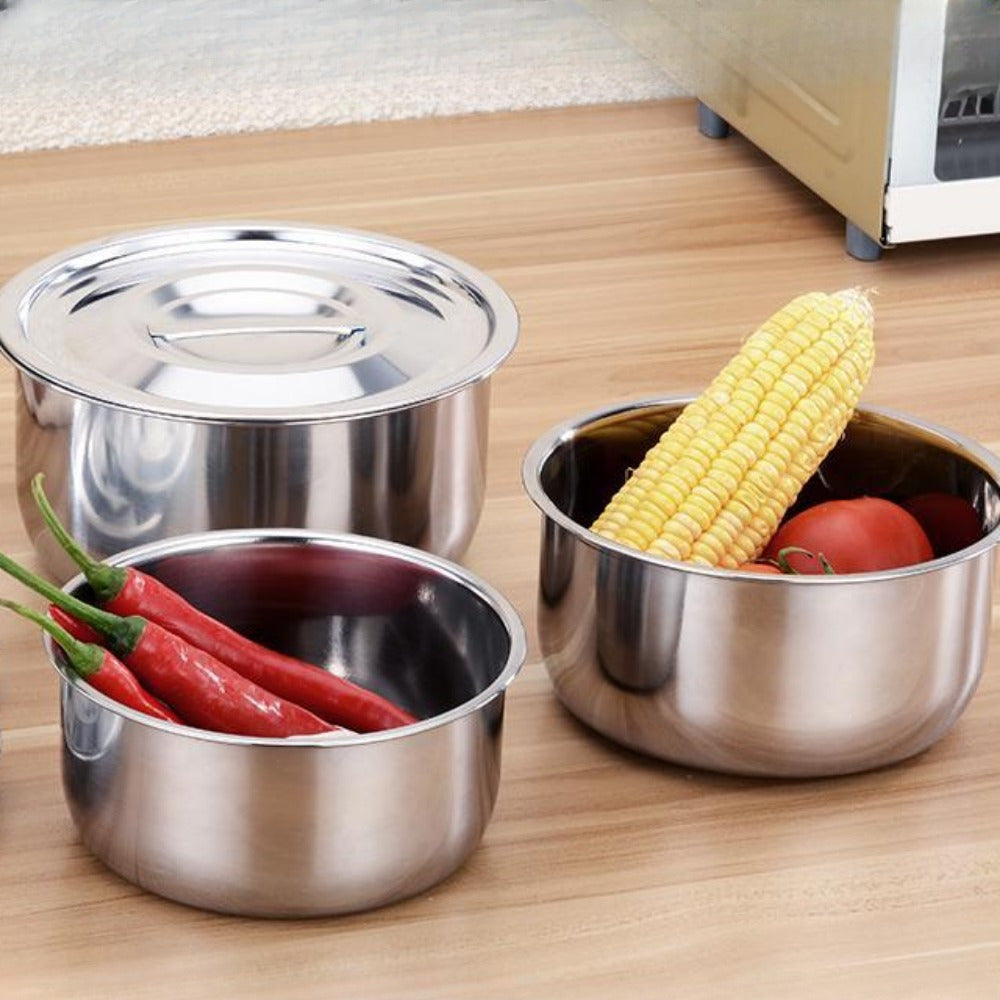 5-piece stainless steel cooking pot set with lid, perfect for use on induction cookers, gas stoves, and electric pottery stoves. Includes a seasoning jar, salad basin, and Thai pot. Ideal for Christmas parties, Ramadan gatherings, and suited for use in