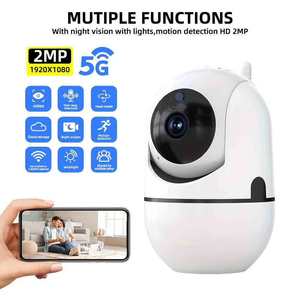 Introducing the Smart Indoor Security Camera with Night Vision - featuring 3MP resolution, PTZ capabilities, WiFi connectivity (5GHz/2.4GHz), USB powered, and smartphone compatibility.