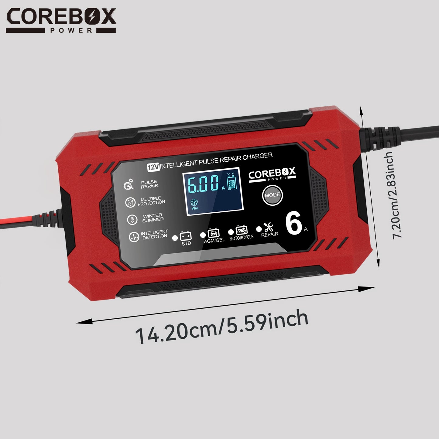 COREBOX EU Plug Battery Charger for vehicles and machinery with LCD Display, 12V 6A. Suitable for Lead Acid batteries.