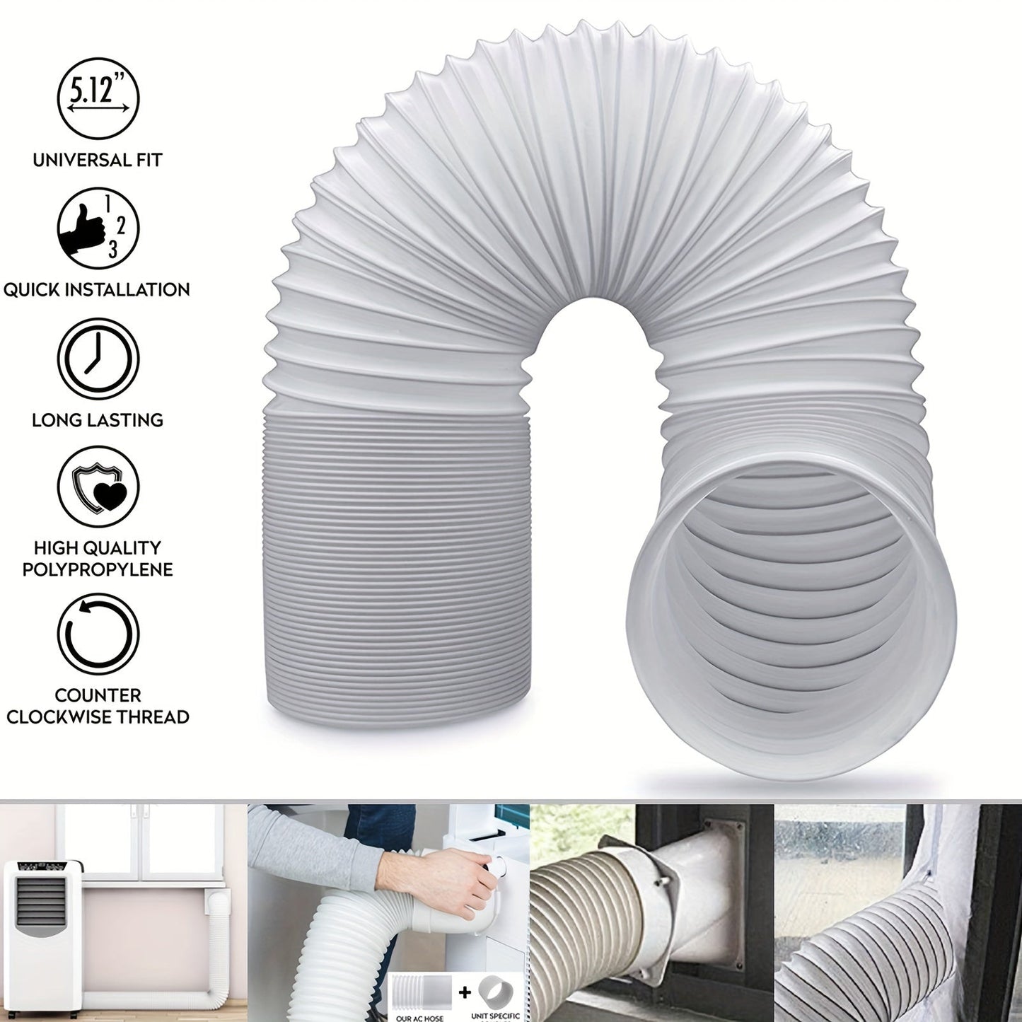 1.5m Extendable AC Vent with Counter Clockwise Threading - Universal Fit Portable Air Conditioner Exhaust Hose, Easy Installation, Durable Polypropylene, No Power Supply Needed