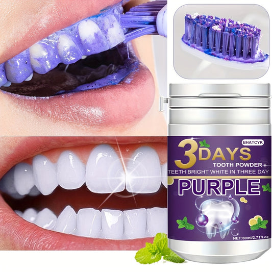 BHATCYK 3-Day Purple Teeth Whitening Powder fresh mint flavor 80ml/2.71oz for a brighter smile, daily use and travel.