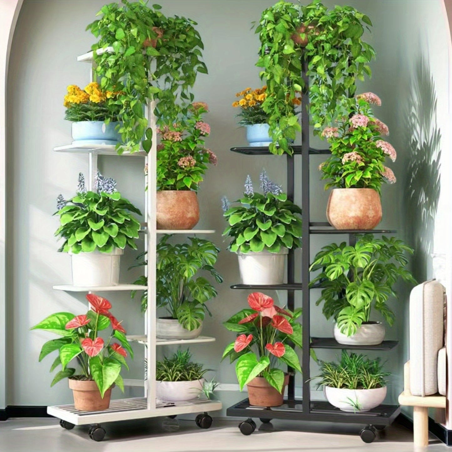 Multi-functional 6-Tier Metal Plant Stand with Wheels - Perfect for Indoor/Outdoor Use, Space-Saving Flower Pot Holder, Stylish Home Decor available in Black or White.