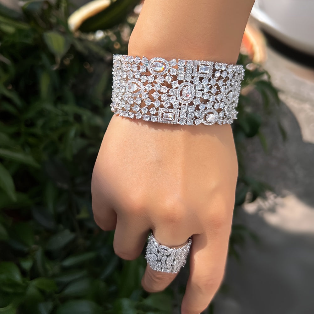 Stunning Zirconia Cuff Bracelet and Ring Set for Women - Perfect for Elegant Bridal Banquets, Wedding Anniversary Parties