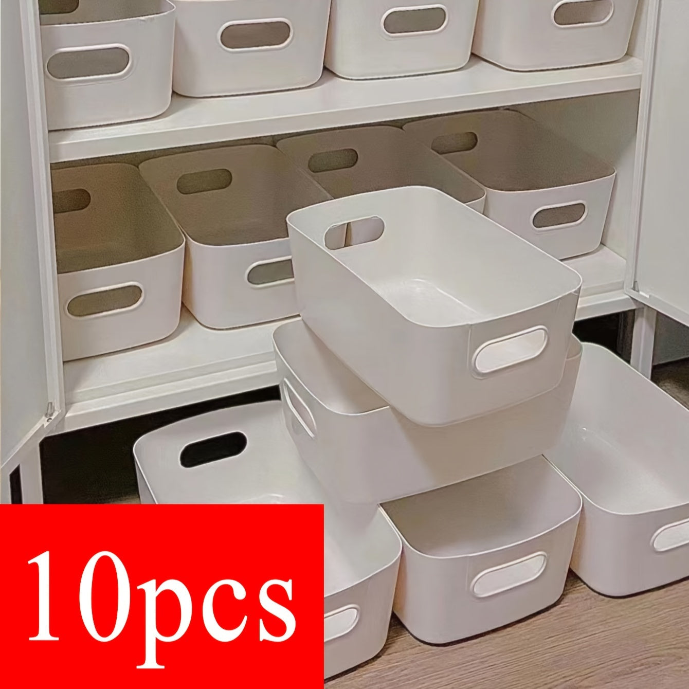 5/10 White Plastic storage bins with a polished finish are portable and weather-resistant, suitable for organizing kitchen, cosmetics, and miscellaneous items without needing electricity.