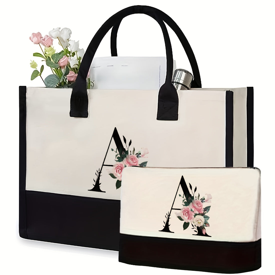 Custom canvas cosmetics bag with assorted colors, fixed straps, and random prints.