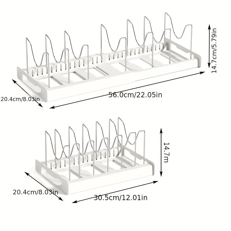 Retractable pot rack for kitchen storage, built into the cabinet under the sink. This adjustable rack is designed to store pots, pans, and lids, making it a convenient kitchen accessory.