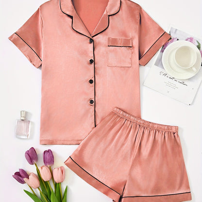 Short-sleeve satin pajama set with shorts, women's loungewear.