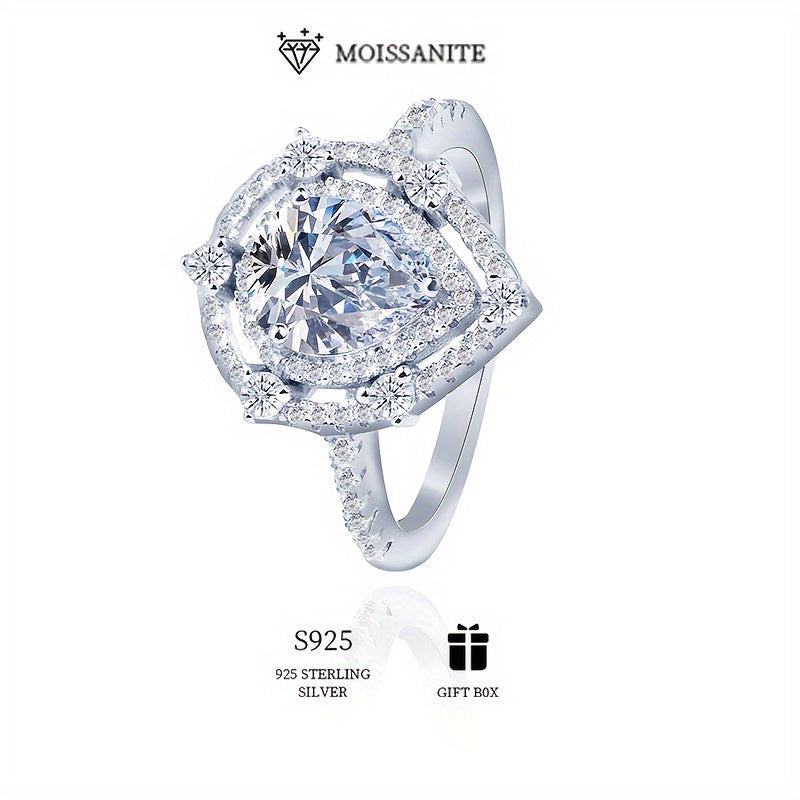 Beautiful 925 Sterling Silver Hypoallergenic Ring featuring a 2ct Pear Shaped Moissanite on a Double Layer Love Heart design. Perfect for Women's Engagement, Proposal or Wedding. Comes with Moissanite Certification and packaged in an Exquisite Gift Box.